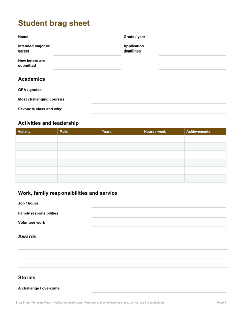 Preview of the first page of Student brag sheet (DOCX/PDF)
